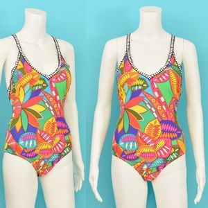 PSYCHEDELIC PRINT SWIMSUIT m l Trina Turk rainbow paisley print Criss Cross back
